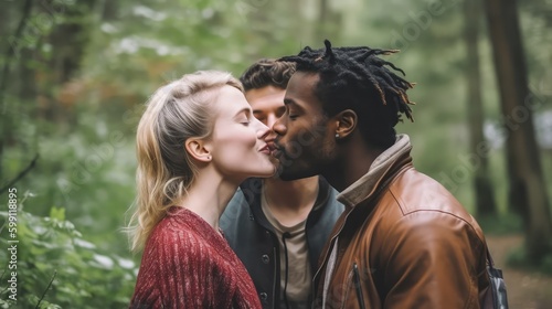 Polyamorous people, Smiling young woman living in a Polyamorous relationship with two men, kissing at a park.  photo