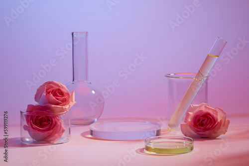 Laboratory concept with flat-bottom florence flask, beaker, liquid contained inside test tube and petri dish. Product promotion of Rose (Rosa) extract on round podium