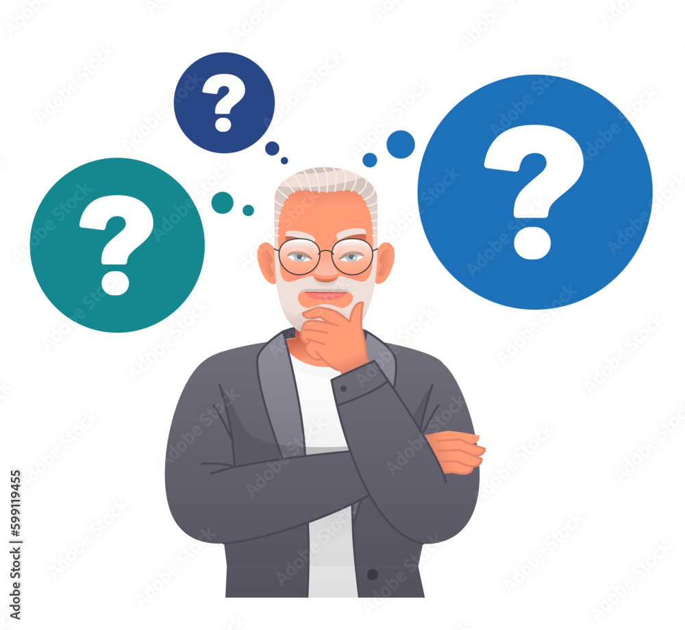 Portrait of a thoughtful gray-haired businessman. A smart, thinking grandfather who solves problems. An old man with glasses, surrounded by question bubbles. An elderly man has a question. Portrait of a thoughtful gray-haired businessman. A smart, thinking grandfather who solves problems. An old man with glasses, surrounded by question bubbles. An elderly man has a question.