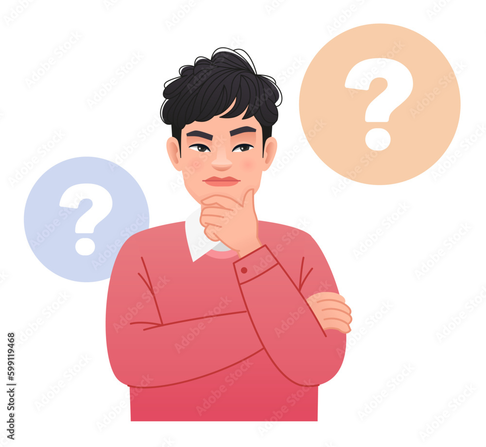 A young man surrounded by question bubbles. Smart, thinking guy, problem solver. An Asian man has a question. Portrait of a thoughtful Chinese.