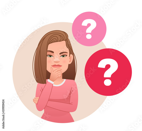 A woman surrounded by question bubbles. The girl has a question. Portrait of a thoughtful young woman. Smart, thinking girl, problem solver.