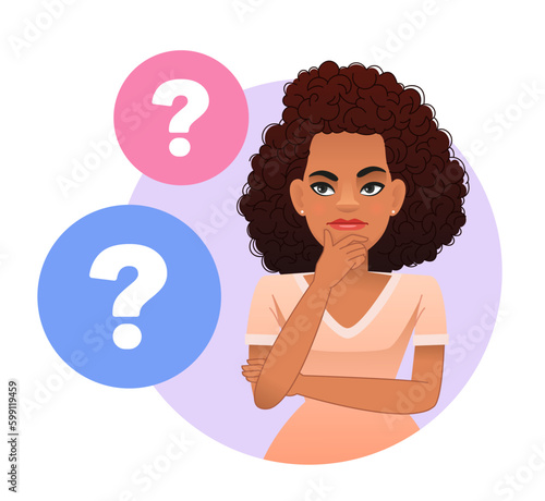 A black girl has a question. Portrait of thoughtful. an African girl with curly hair. A woman surrounded by question bubbles. Smart, thinking women, solving problems.