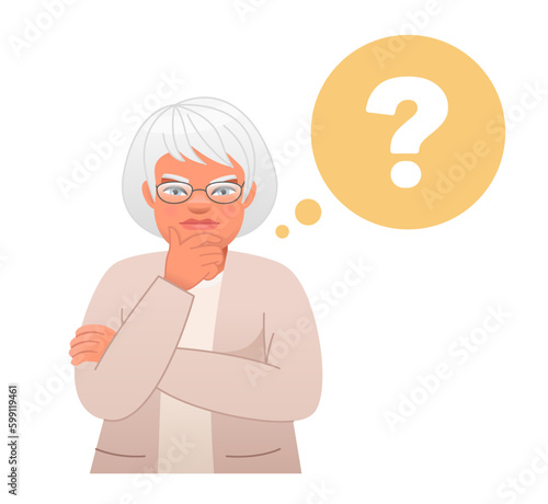 An elderly woman surrounded by question bubbles. The old woman has a question. Portrait of a thoughtful gray-haired pensioner. Smart, thinking grandmother, problem solver.