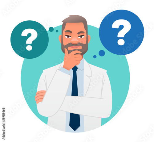 A doctor in a white coat, surrounded by question bubbles. The man has a question. Portrait of a thoughtful person. Smart, thinking guy, problem solver.