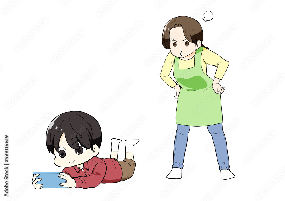 スマホを見る子供を怒る母親 スマホを見る子供を怒る母親