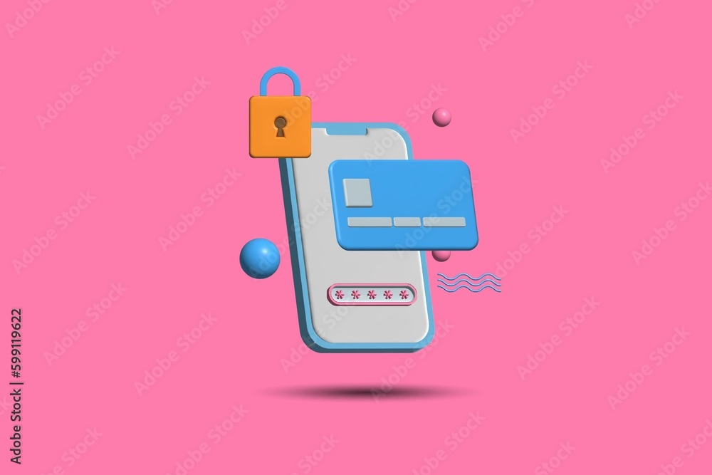 3d render illustration of a credit card security system on a smartphone with a padlock, using a pink background 3d render illustration of a credit card security system on a smartphone with a padlock, using a pink background