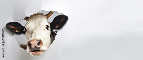 Funny cow looks into the camera. Concept of dairy or meat products created with generative ai tools