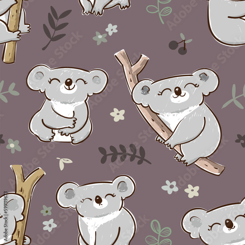 Photography Seamless Pattern with Hand Drawn Koala Bear Design on Dark Purple Background