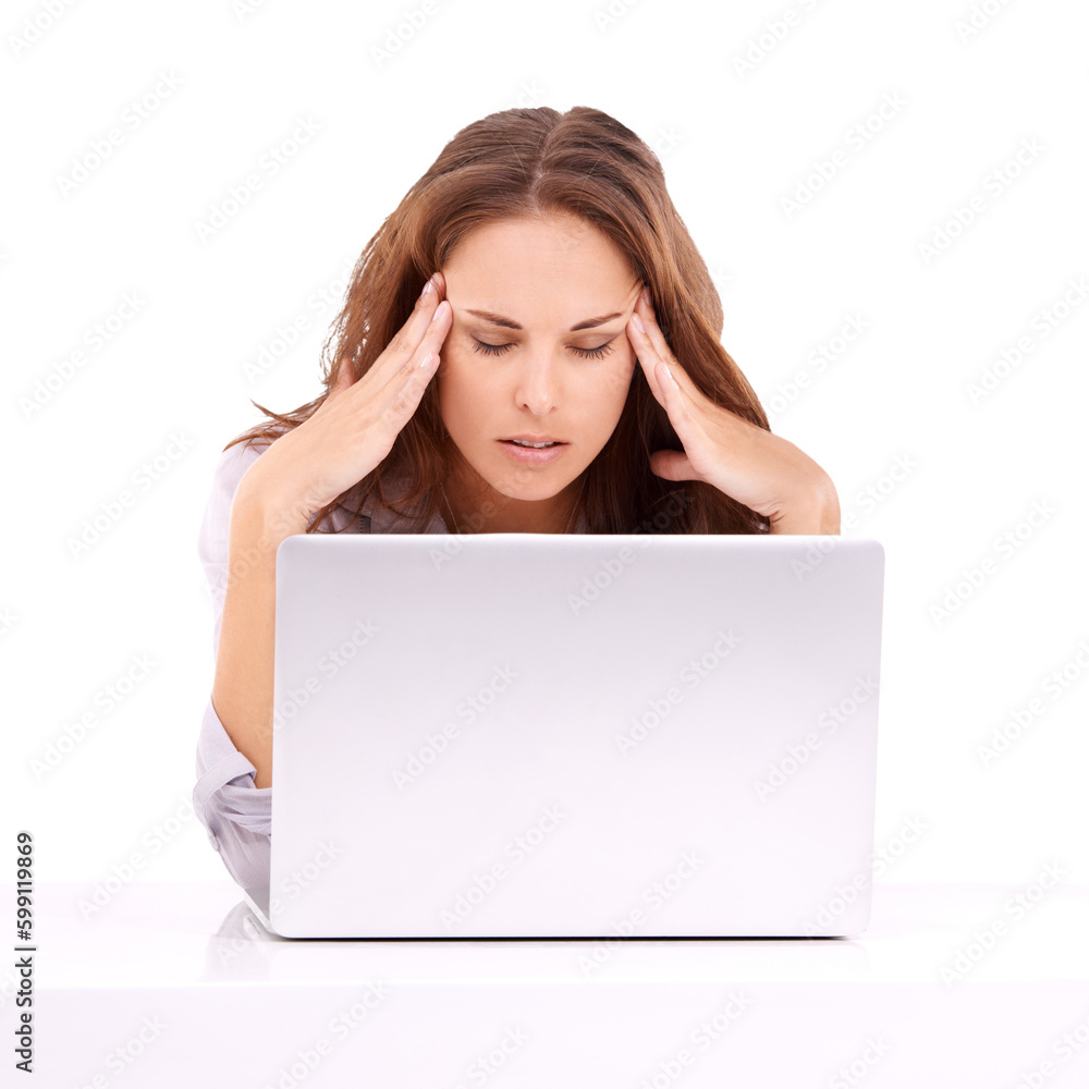 Stress, headache and woman on laptop isolated on transparent, png background for migraine, burnout or angry. Brain fog, problem or confused business person massage temple and frustrated on computer Stress, headache and woman on laptop isolated on transparent, png background for migraine, burnout or angry. Brain fog, problem or confused business person massage temple and frustrated on computer