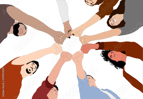 Bottom view of diverse group of people hands together partnership. Team building and Team work. Makes a circle from their fists of their hands. Represents collaboration and cooperation of individuals.