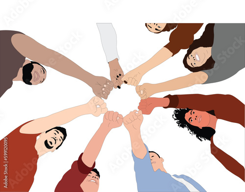 Bottom view of diverse group of people hands together partnership. Team building and Team work. Makes a circle from their fists of their hands. Represents collaboration and cooperation of individuals.