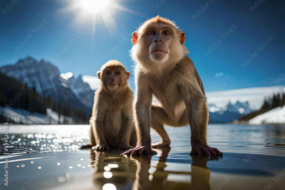 Naklejka premium Cute macaque monkey on beautiful blurred background cute monkey close up potrait wallpaper macaque in nature, generative AI