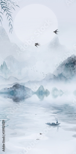 Background illustration of Chinese style ink wash landscape painting