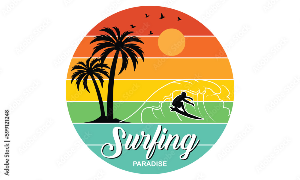 Surfing Paradise T-shirt Design Vector Illustration and apparel vector design, print, typography, poster, emblem with palm trees. With Surfing Man, Vector Print Design Artwork