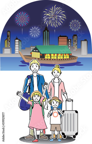 家族で屋形船に乗る外国人観光客