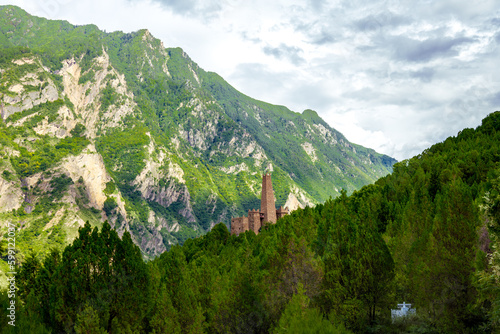 The way to ancient watch tower. West Sichuan Plateau scenery- Danba tibetan village. Taken on the Danba, Sichuan, China. Copy space for text photo