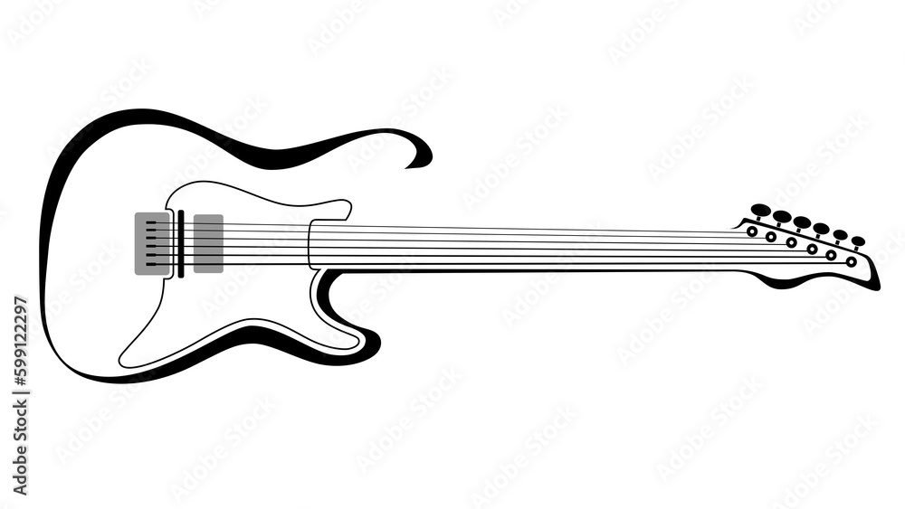 Black and white electric guitar line-art illustration. Has an alpha channel. Music logo - obrazy, fototapety, plakaty 