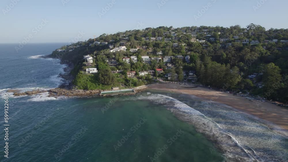 Palm Beach And Palm Beach Rockpool With Kiddies Corner In The Australian Suburb In The Northern Beaches Region Of Sydney In Australia. wide aerial Palm Beach And Palm Beach Rockpool With Kiddies Corner In The Australian Suburb In The Northern Beaches Region Of Sydney In Australia. wide aerial