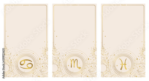 Cancer, scorpio, pisces, water zodiac astrological signs, set of vintage cards with copy space for text, boho banner in natural colors with golden horoscope symbols. vector illustration.