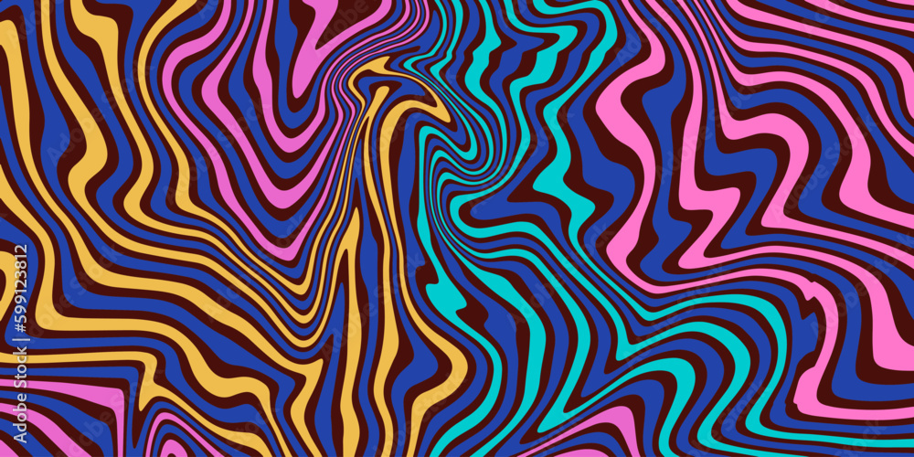 Colorful retro trippy background. Groovy vintage psychedelic wallpaper. Swirl wavy pattern, cover, poster in 60s or 70s, 80s style. Liquid hippie texture. Vector illustration 