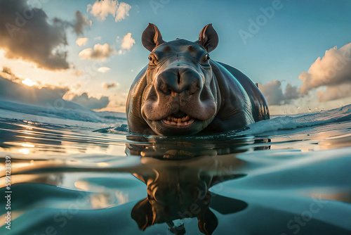 hippopotamus in the water,  looking at camera