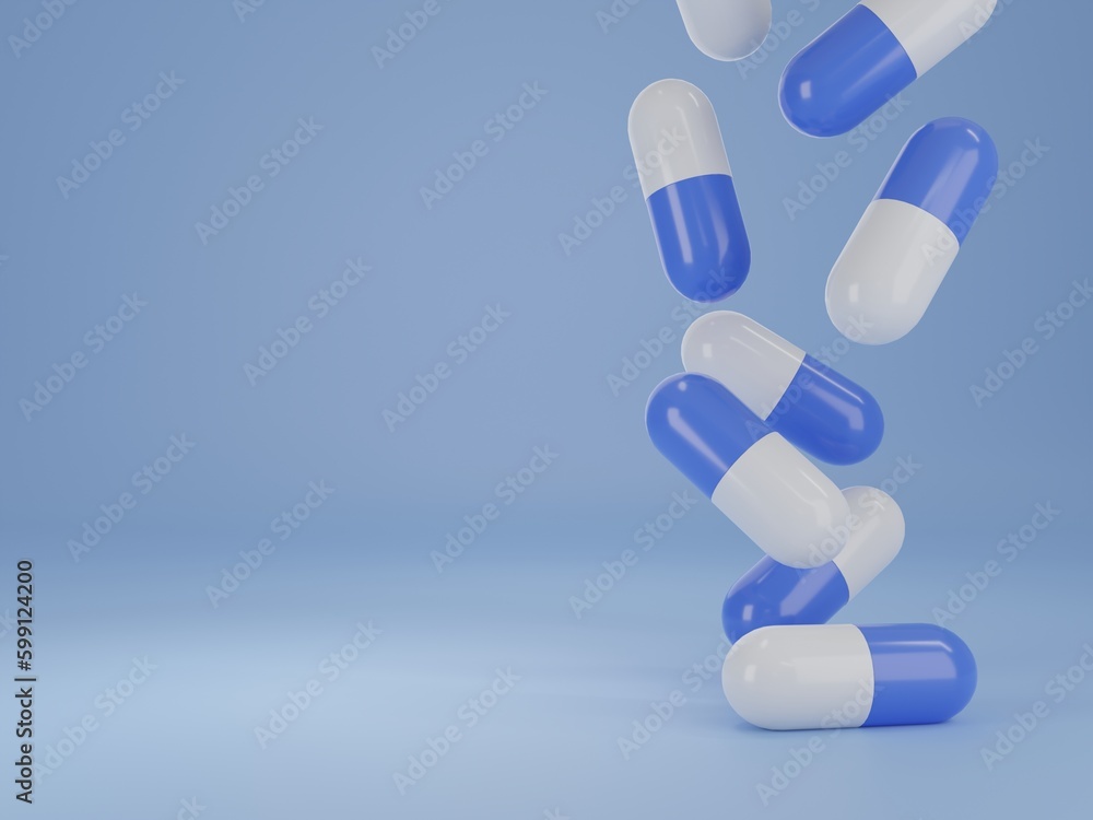 3d render, medicine pills tablets and capsules on blue background with copy space, medicine concepts, pharmaceutical concepts. 3d render, medicine pills tablets and capsules on blue background with copy space, medicine concepts, pharmaceutical concepts.