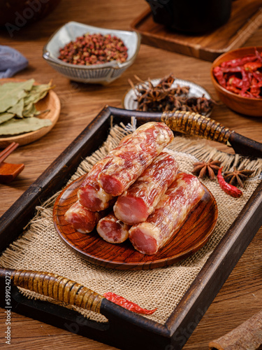 cured pork(cured meat),Chinese bacon,Traditional Chinese marinated pork, put together with various spices in indoor kitchen