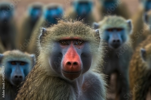 Baboon Sticking Out In A Group Background Generative AI