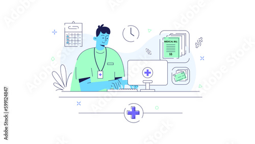 MedTech Medical Health Technology Illustration Doctor Patient Disease Hospital Clinic Nurse Medicine Ambulance XRay examination Check Treatment Covid-19 Sufferer Vaccine Smartwatch Consultation Online