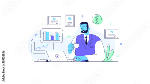 MedTech Medical Health Technology Illustration Doctor Patient Disease Hospital Clinic Nurse Medicine Ambulance XRay examination Check Treatment Covid-19 Sufferer Vaccine Smartwatch Consultation Online