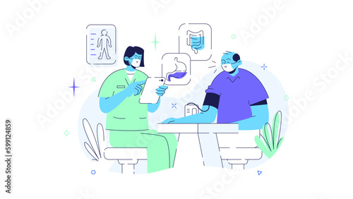 MedTech Medical Health Technology Illustration Doctor Patient Disease Hospital Clinic Nurse Medicine Ambulance XRay examination Check Treatment Covid-19 Sufferer Vaccine Smartwatch Consultation Online