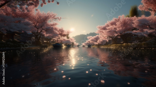 japanese cherry blossoms landscape. Generative AI © Putrasatria