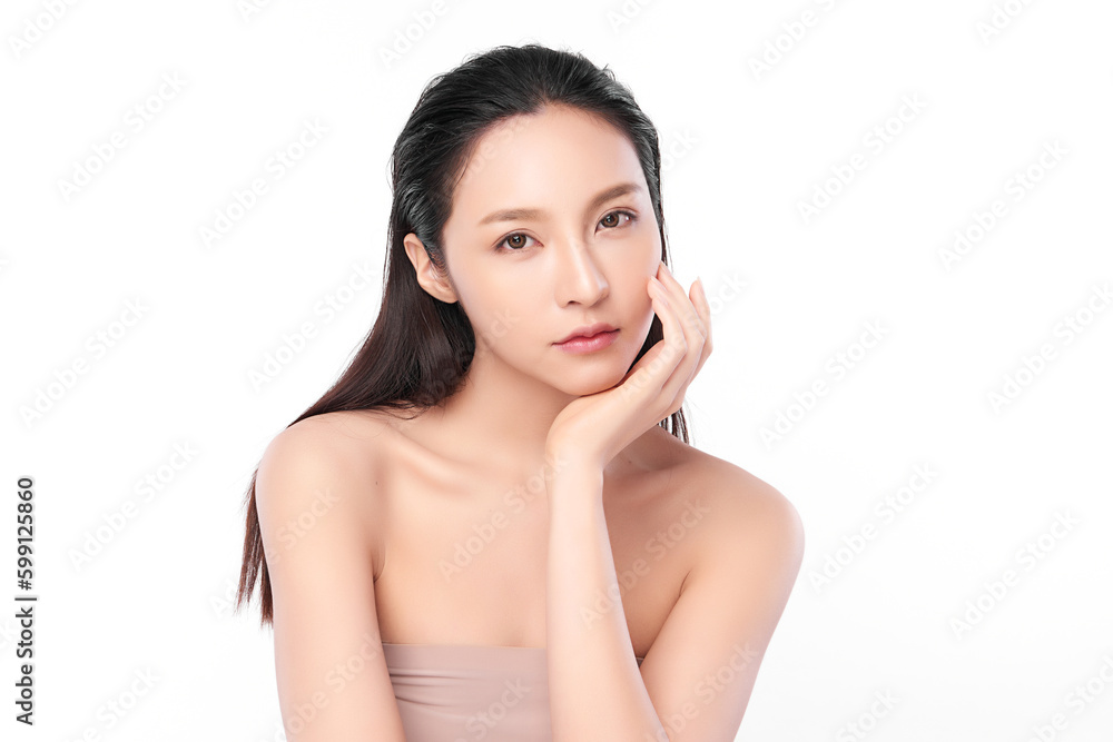 Beautiful young asian woman with clean fresh skin on white background, Face care, Facial treatment, Cosmetology, beauty and spa, Asian women portrait.