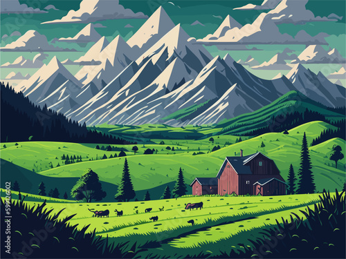 landscape with mountains and a house  vector illustration