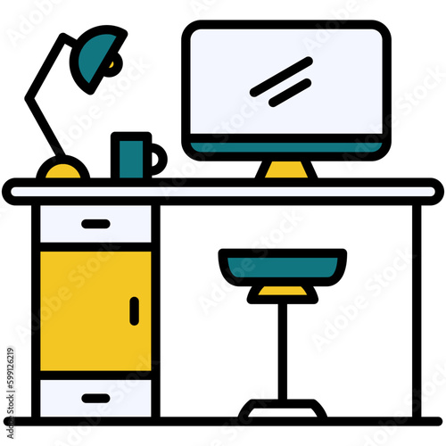 Computer desk Icon. Workspace Symbol. Line Filled Icon Vector Stock