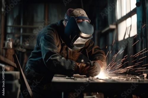 Men at work in factory welding steel, producing sparks, fire, and smoke; safety masks protect skilled craftsmen amid metalwork, construction, and manual labor, ensuring production and industry safety.