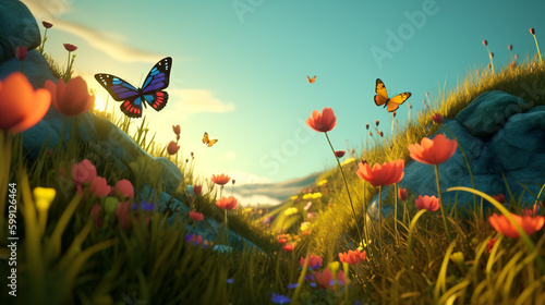 hills grass butterflies flowers. Generative AI