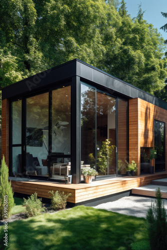 Tiny minimalist house in a garden. Generative AI © piai