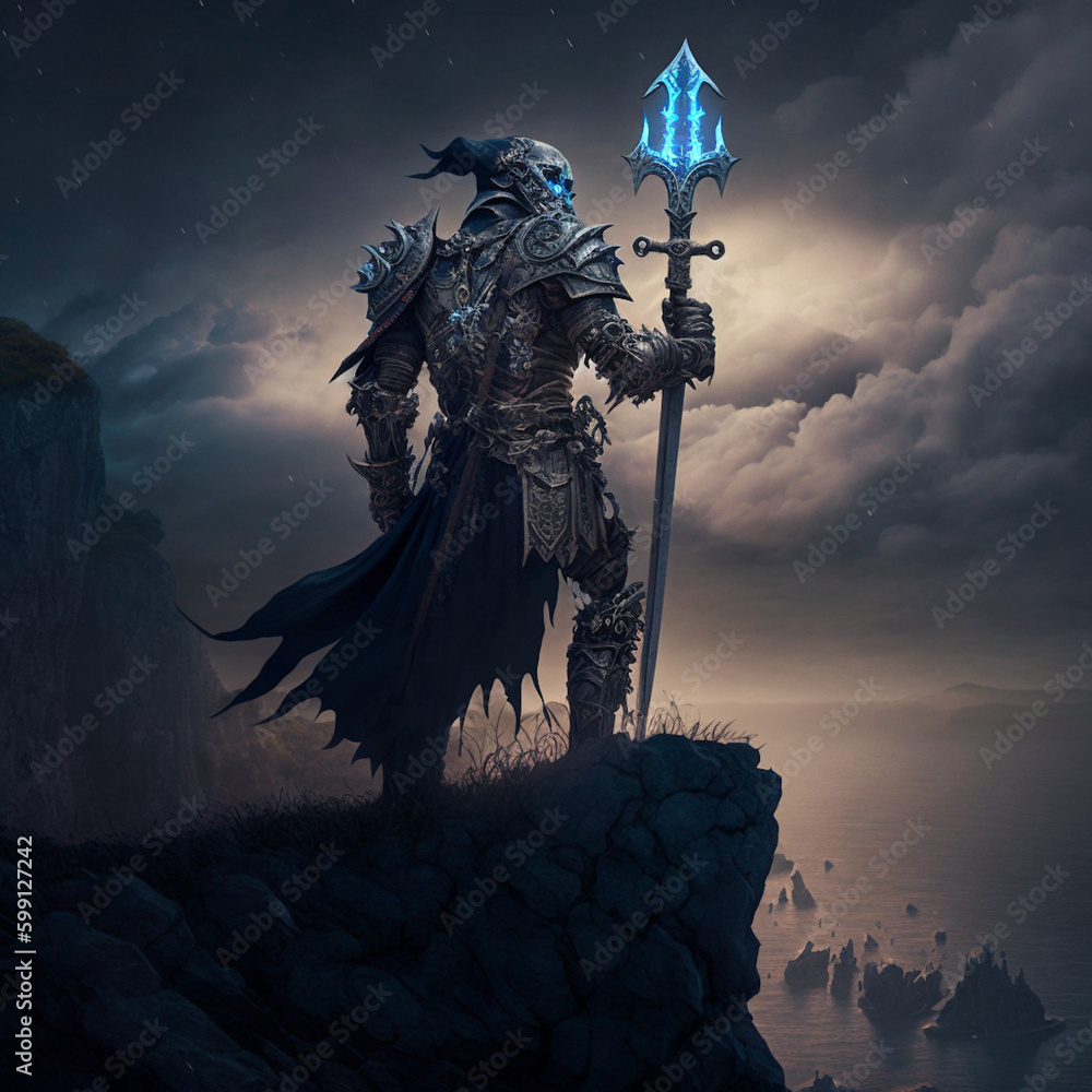 Fototapeta premium Dark knights, the demon king's sharpshooters, search for enemy ships on the cliff.|Generative AI