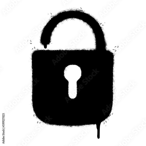 Spray Painted Graffiti padlock icon Sprayed isolated with a white background. graffiti padlock with over spray in black over white.