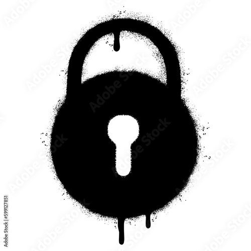 Spray Painted Graffiti padlock icon Sprayed isolated with a white background. graffiti padlock with over spray in black over white.