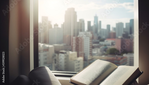 Reading literature in modern library, skyscraper view generated by AI