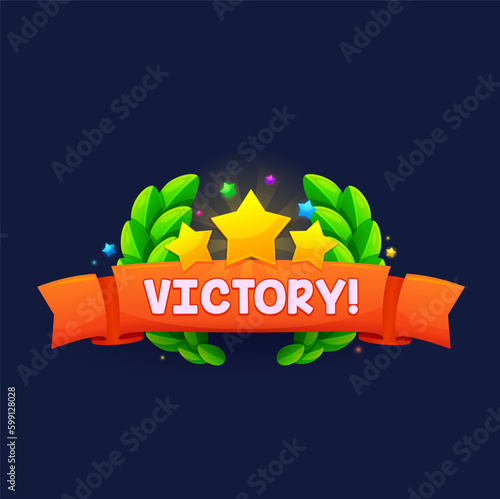 Game victory sign, banner or popup window. Vector award badge with golden stars, laurel wreath and red ribbon. Winner celebratory achievement reward, appreciation emblem, success celebration label