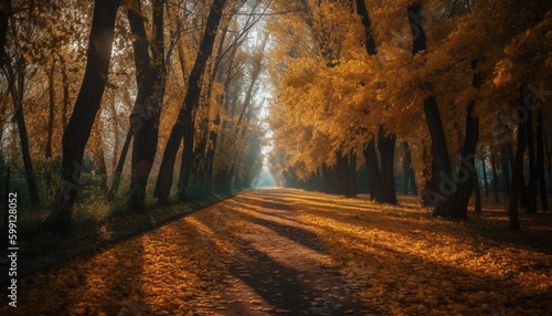 Tranquil autumn forest, vibrant leaves, vanishing point generated by AI