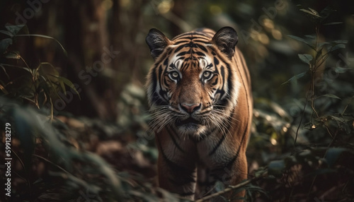 Bengal tiger staring  close up portrait in nature generated by AI