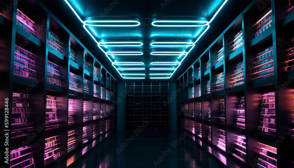 Futuristic computer network glows in dimly lit corridor generated by AI Futuristic computer network glows in dimly lit corridor generated by AI