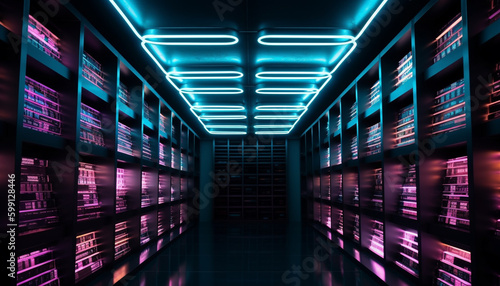 Futuristic computer network glows in dimly lit corridor generated by AI