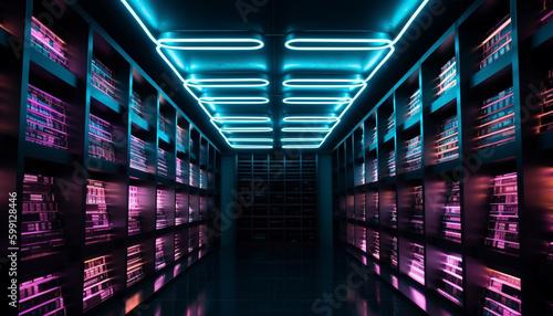 Futuristic computer network glows in dimly lit corridor generated by AI © djvstock