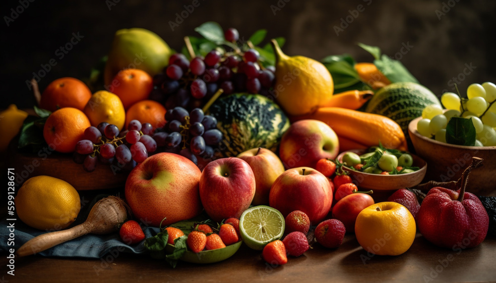 Fresh fruit collection on wooden table, healthy eating generated by AI Fresh fruit collection on wooden table, healthy eating generated by AI