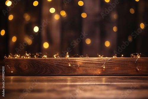 Christmas Bokeh Background, wooden background with bokeh, brown rustic wood - Backdrop for product presentation, Generative Ai.